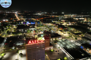 Flying Cowboy Photography Waco Drone Services - Alico Building, Suspension Bridge, and McLane Stadium at night!