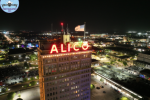 Flying Cowboy Photography Waco Drone Services Alico Building close up, Suspension Bridge, and McLane Stadium at night!