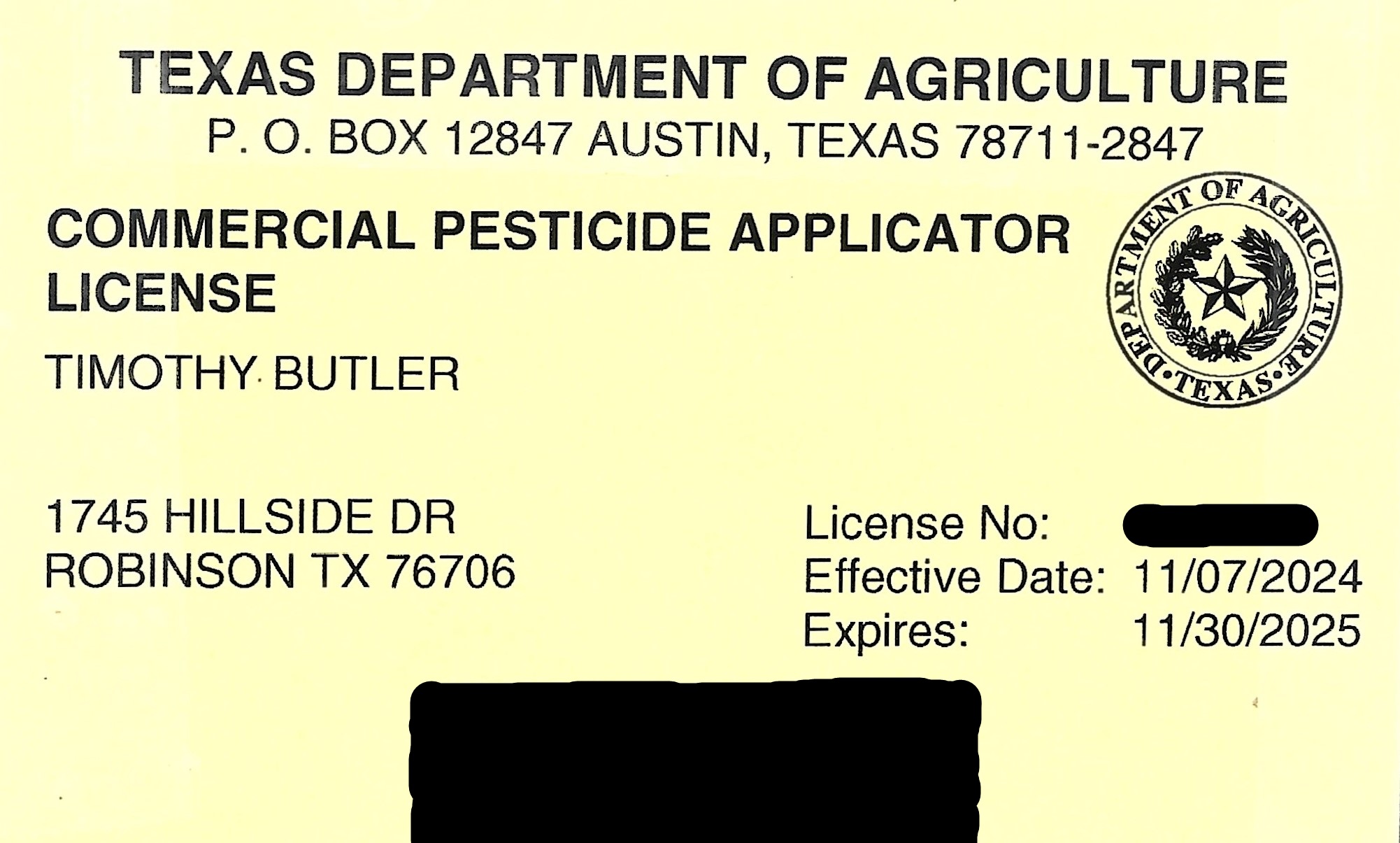 Flying Cowboy Photography LLC Commercial Pesticide Applicator License