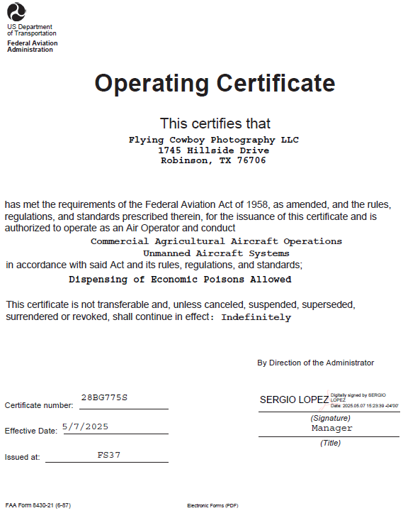 FAA Part 137 Certificate FAA Part 137 Certificate