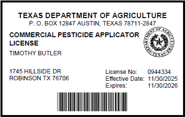 !TDA Commercial Pesticide License Front